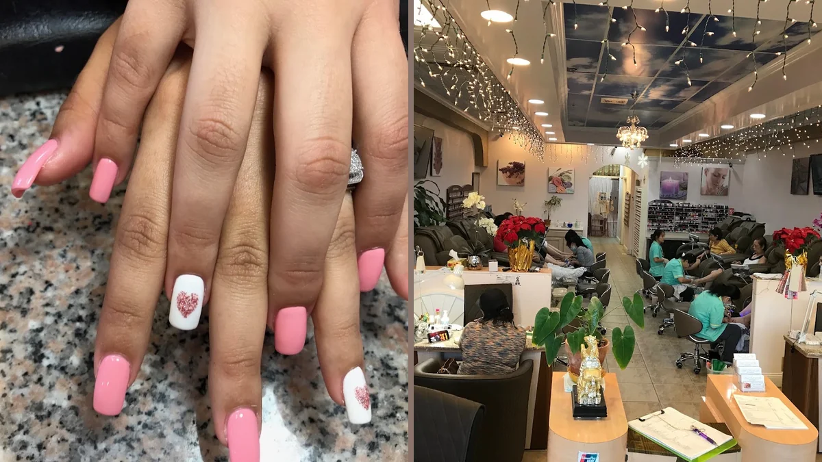 Bright salon station with nail tools and color swatches.